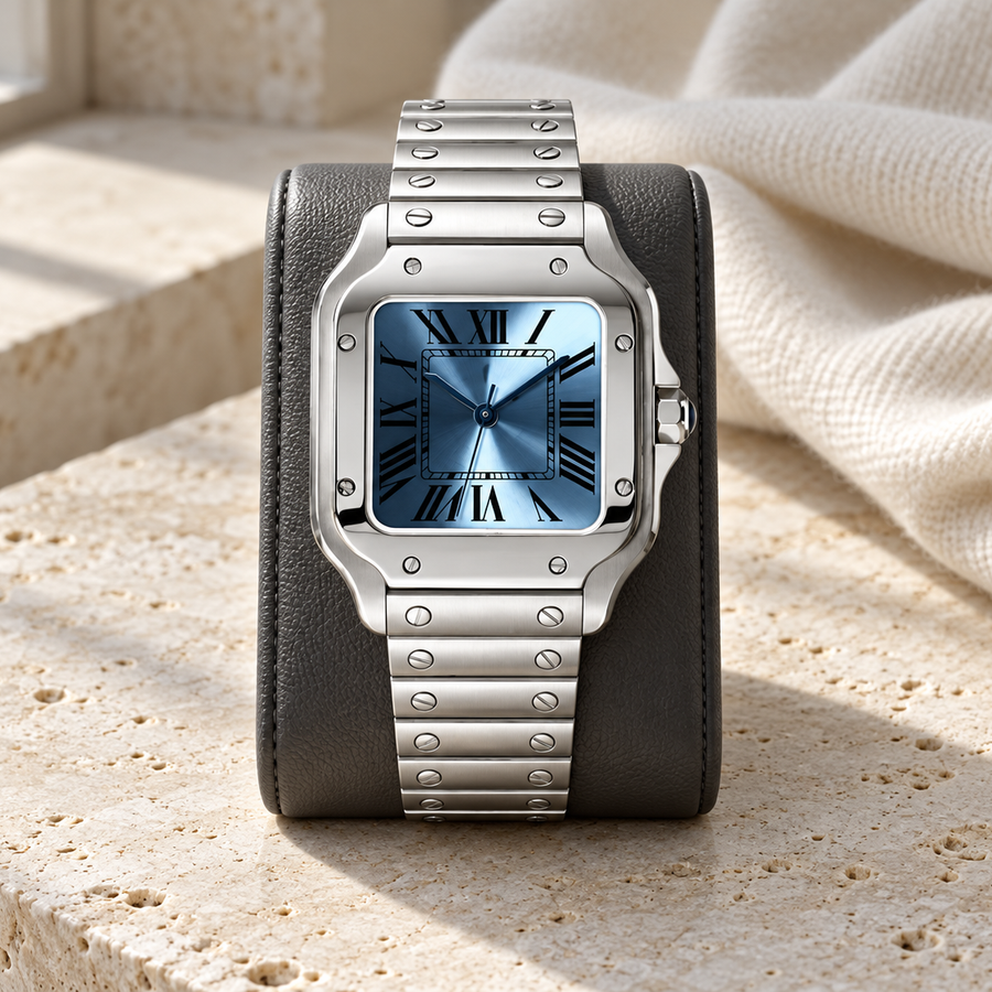 Santé Square Ice Blue automatic watch on charcoal display stand against ivory limestone