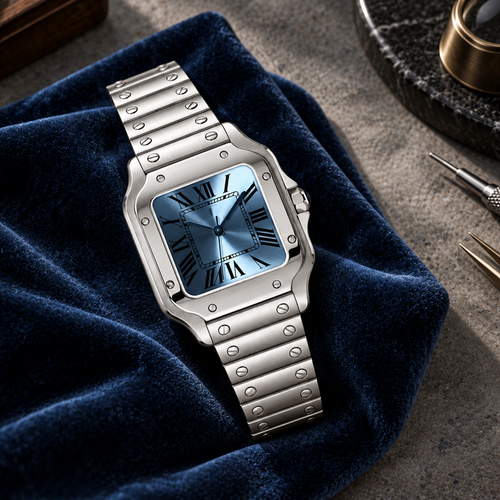 Santé Square Ice Blue automatic watch laid on navy velvet on a watchmaker's work surface