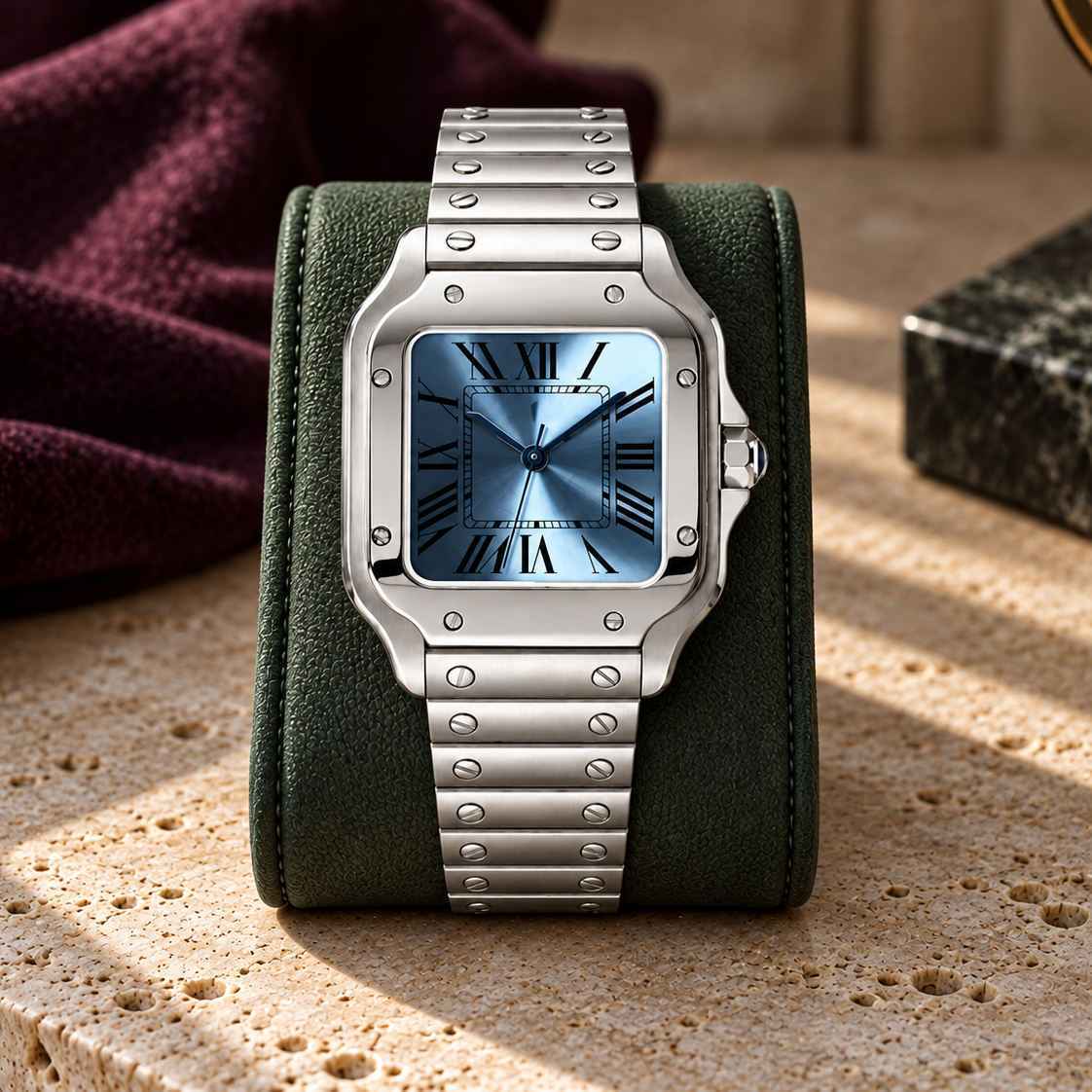 Santé Square Ice Blue automatic watch displayed on green suede over travertine