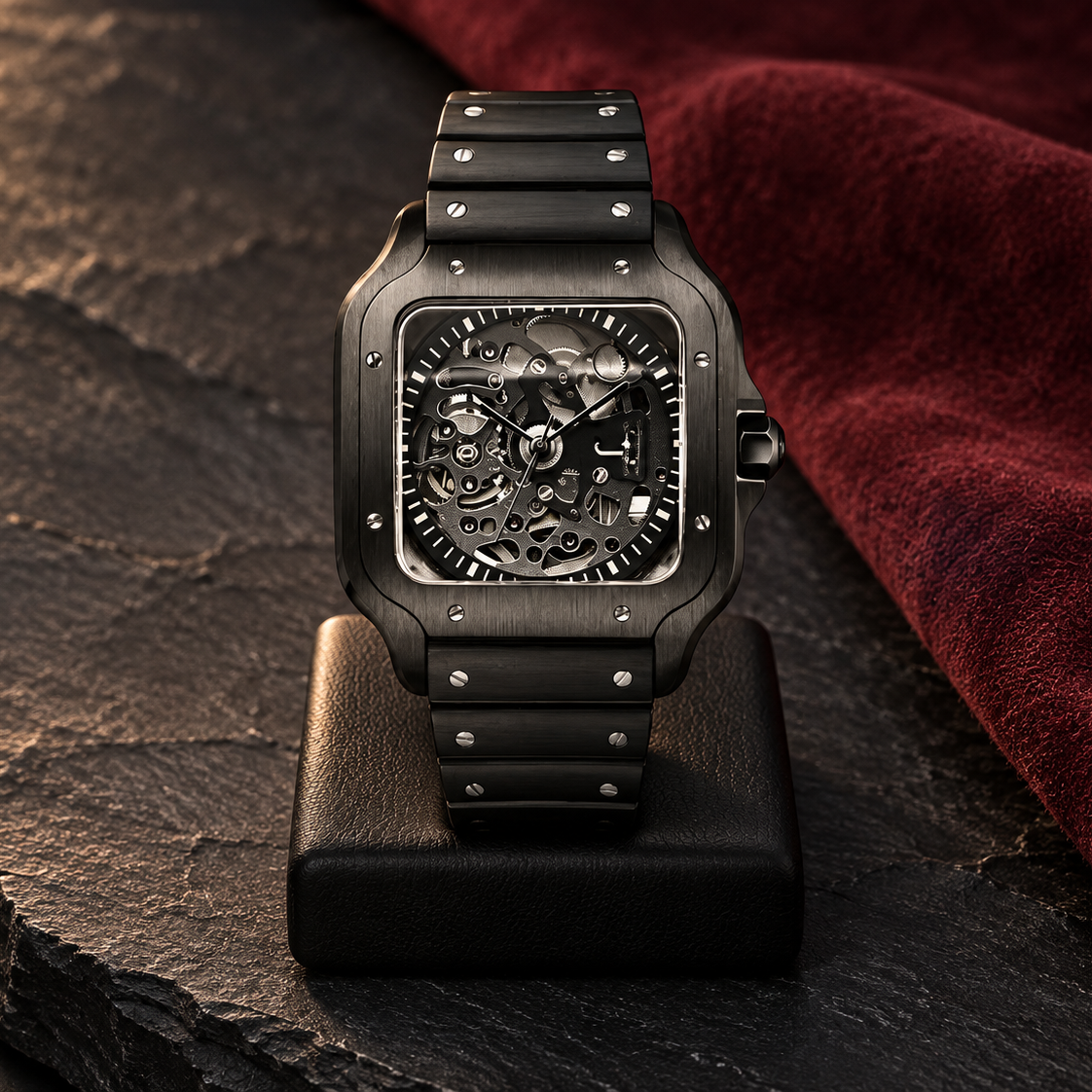 Santé Square Skeleton Black automatic watch upright on a display stand against slate and burgundy suede