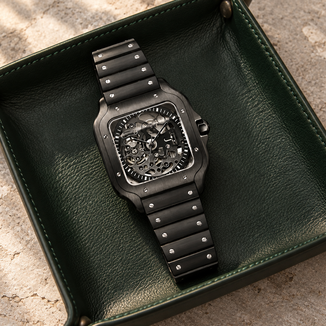 Santé Square Skeleton Black open-heart watch laid face-up on a forest-green leather tray