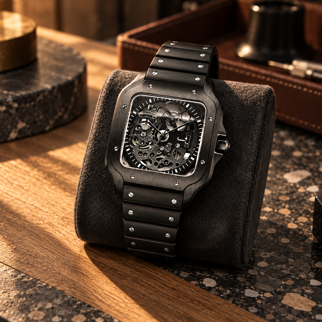 Santé Square Skeleton Black automatic watch on a charcoal suede cushion on an oak work surface