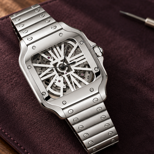 Santé Square Skeleton Classic silver watch laid on plum watchmaker's mat over walnut