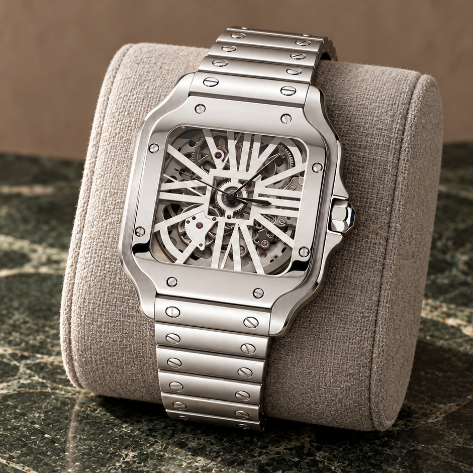Santé Square Skeleton Classic watch on linen cushion over olive marble