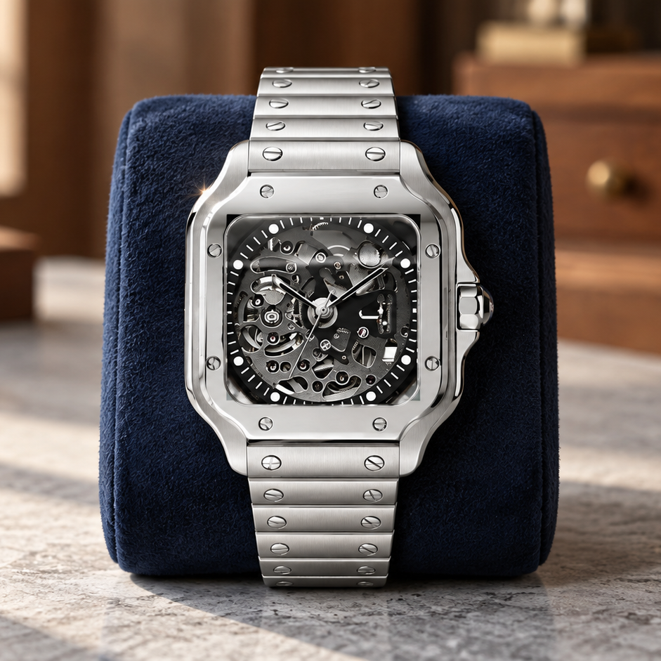 Santé Square Skeleton Silver automatic watch displayed upright on navy suede over stone