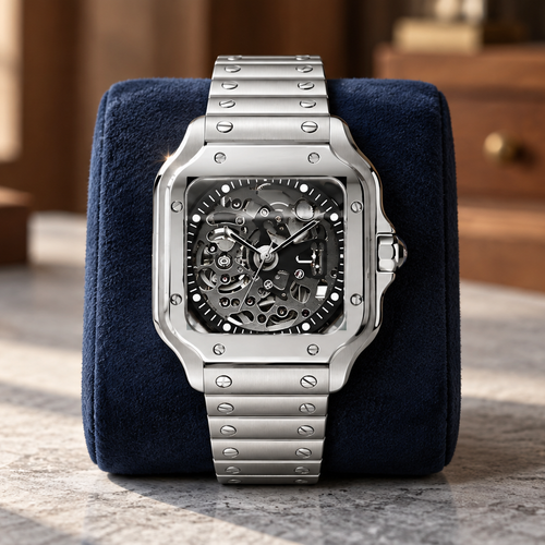 Santé Square Skeleton Silver automatic watch displayed upright on navy suede over stone