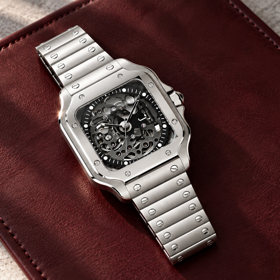 Santé Square Skeleton Silver automatic watch laid on a burgundy leather watchmaker's mat