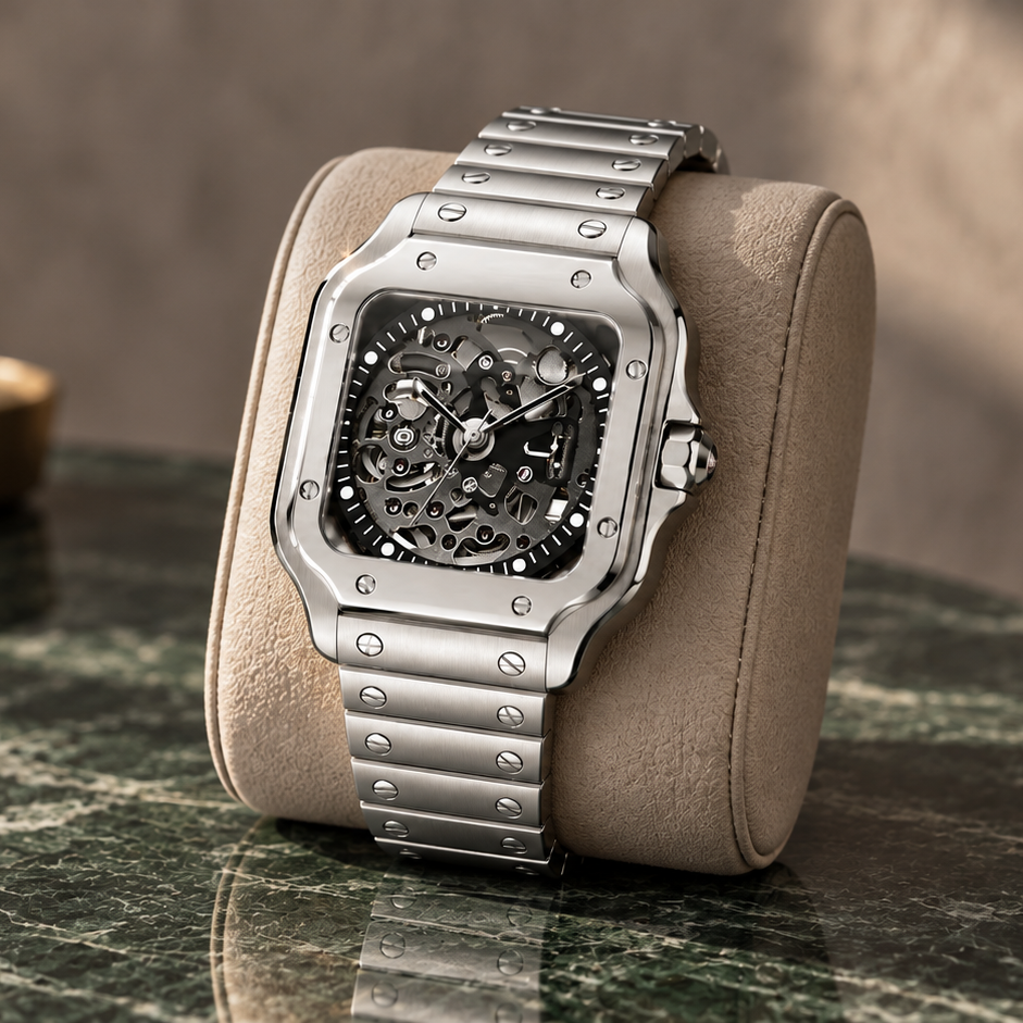 Santé Square Skeleton Silver watch on a taupe cushion over green marble