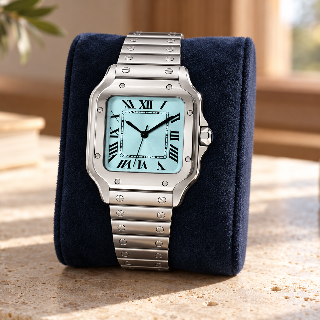 Santé Square Aqua Blue automatic watch on a navy suede display cushion over limestone