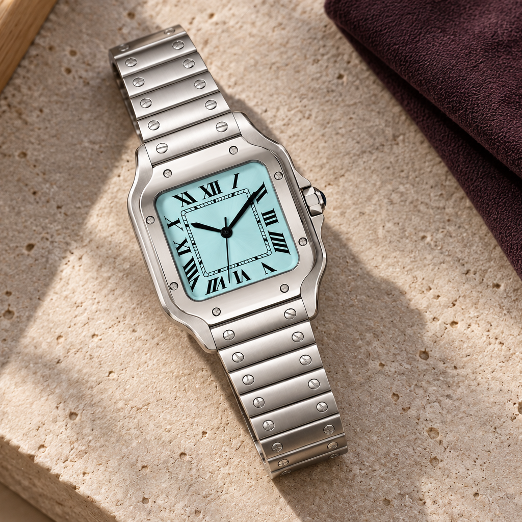 Santé Square Aqua Blue watch laid face-up on a plum watchmaker's mat over stone