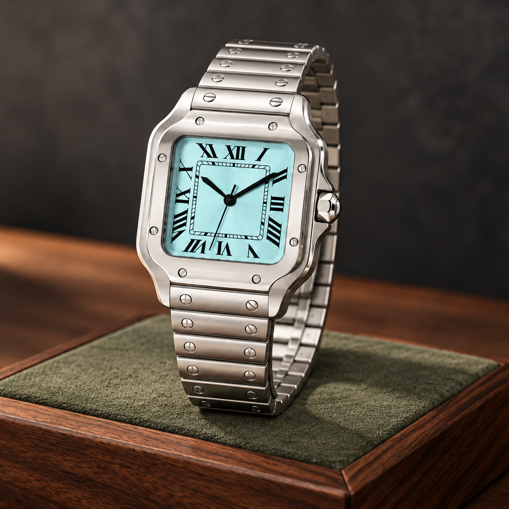 Santé Square Aqua Blue watch displayed on a walnut block with sage suede, crown visible