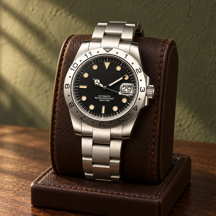 Expedition Classic Odyssey Black, upright on a dark leather watch stand