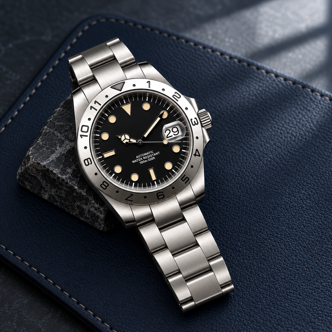 Expedition Classic Odyssey Black, laid diagonally on a navy watchmaker mat