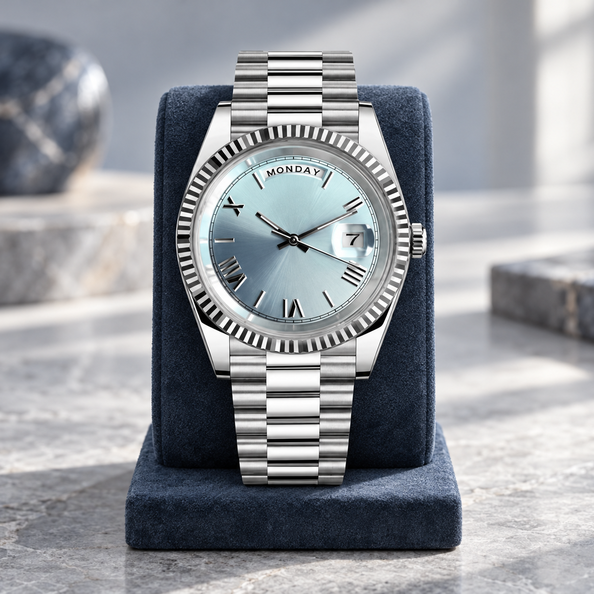 Dayline Calendar Roman Ice Blue on a navy suede watch stand