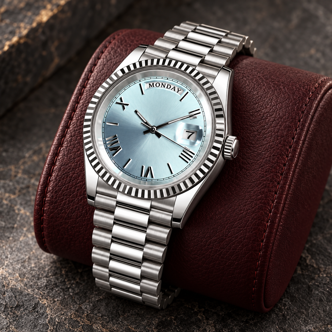 Dayline Calendar Roman Ice Blue on a burgundy leather cushion