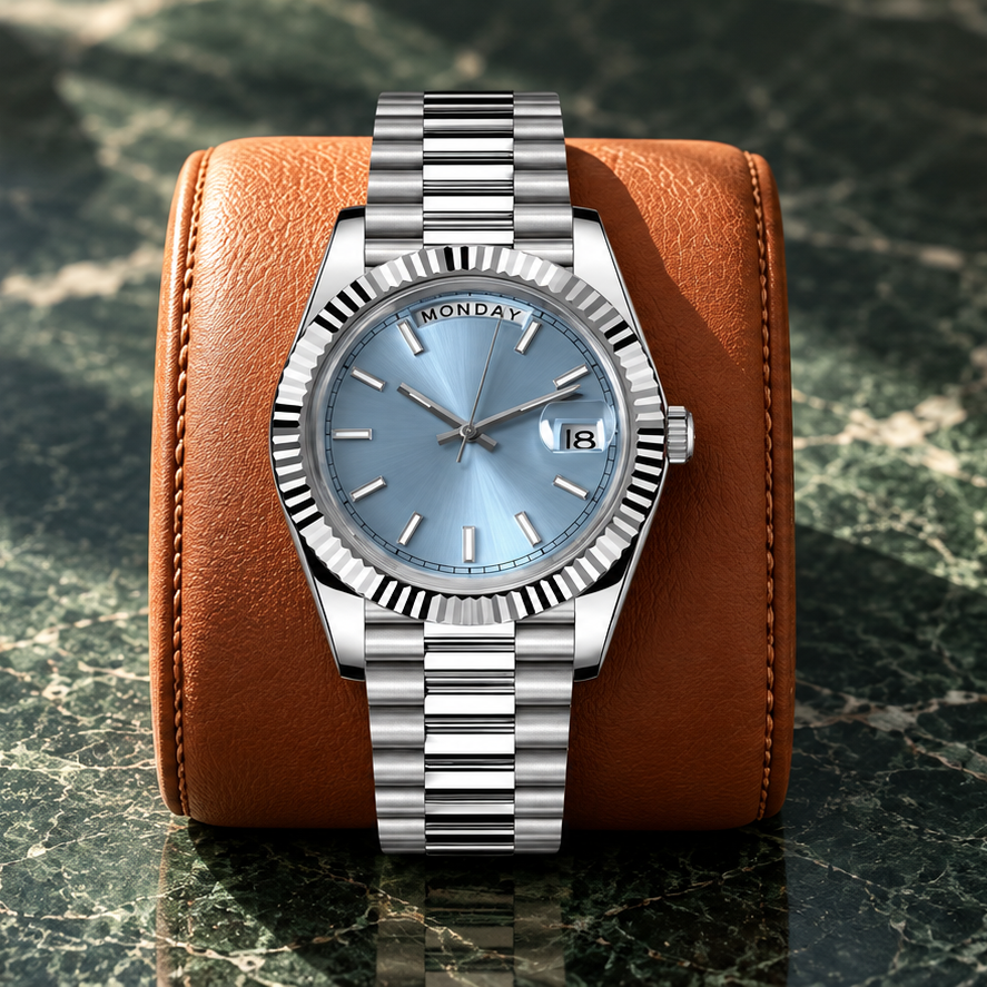 Dayline Calendar Aqua Blue on a terracotta cushion over green marble