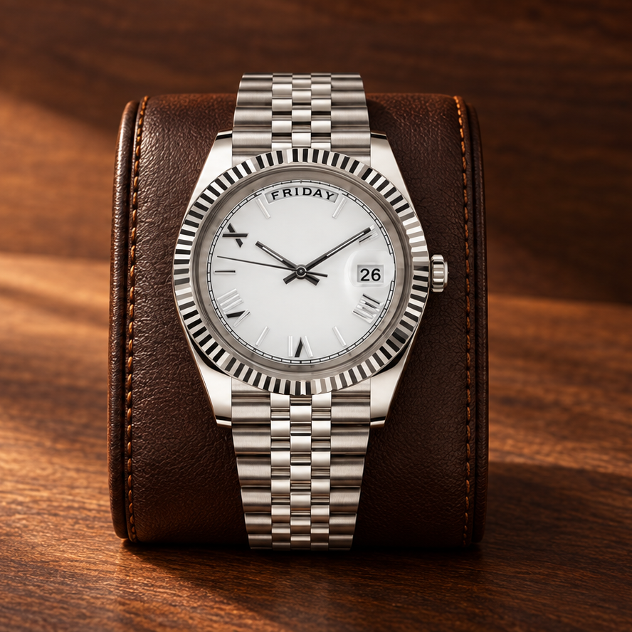 Dayline Calendar Classic Roman White on an espresso leather stand over walnut