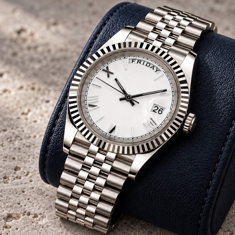 Dayline Calendar Classic Roman White on an ink-blue cushion over limestone