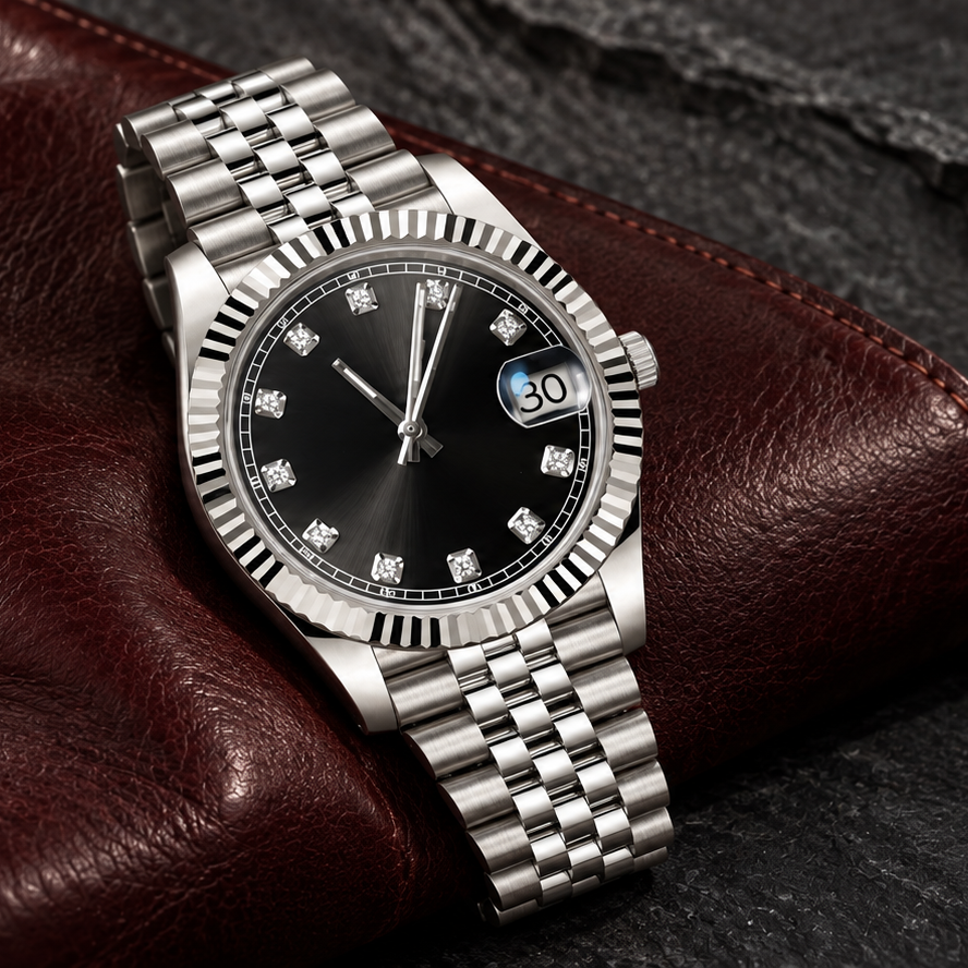 Crownline Gem Black laid on oxblood leather and slate