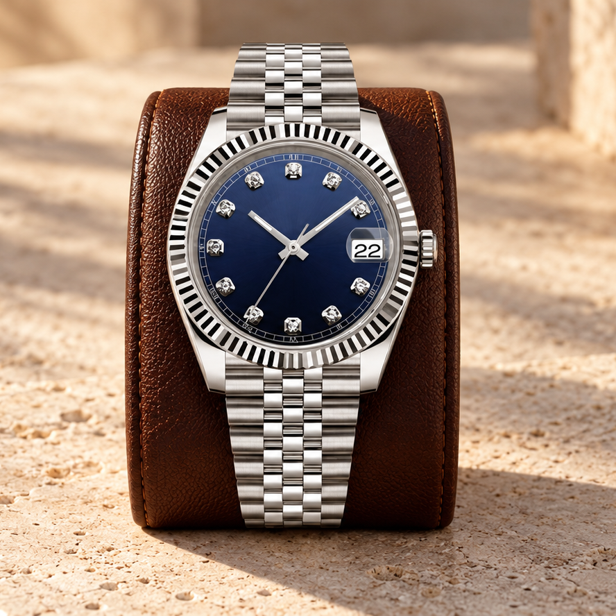 Crownline Date Gem Ocean on a cognac leather stand over limestone