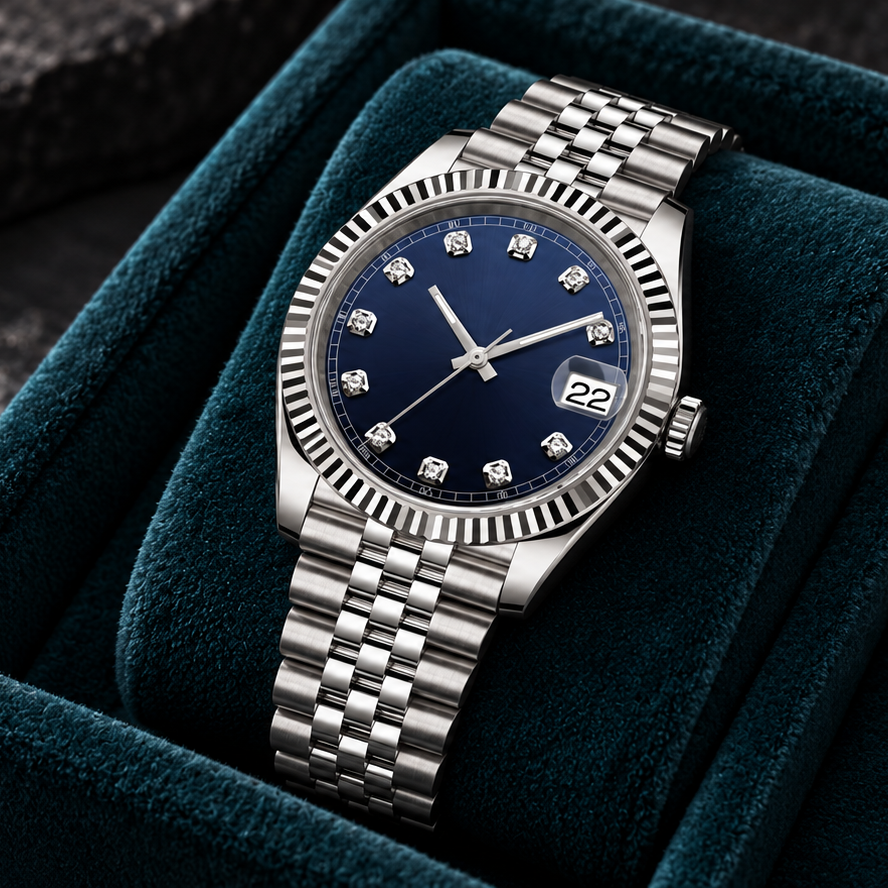 Crownline Date Gem Ocean laid on a teal velvet tray over basalt