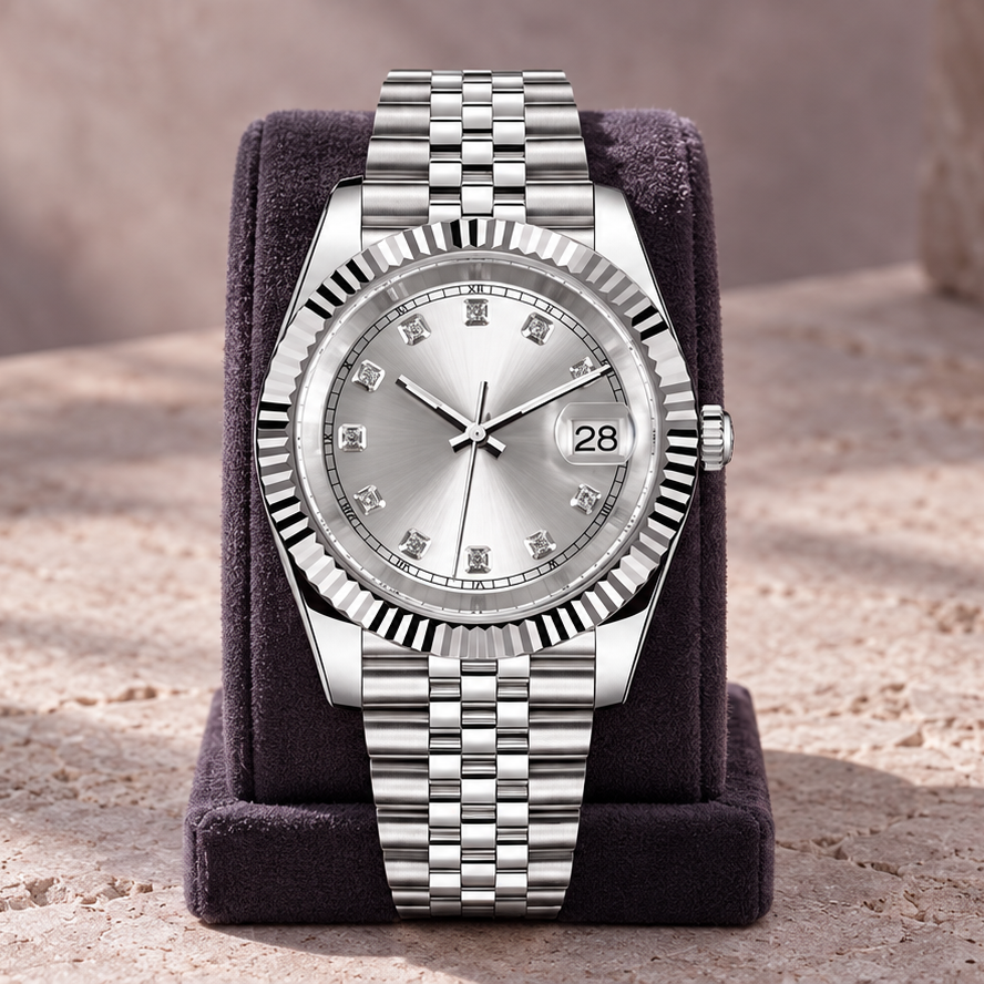 Crownline Date Gem Silver on a plum velvet stand over pink-gray limestone, Jubilee bracelet