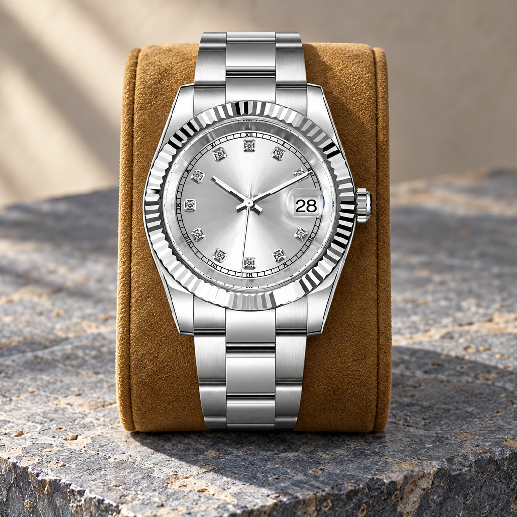 Crownline Date Gem Silver on an ochre stand, Three-Links bracelet
