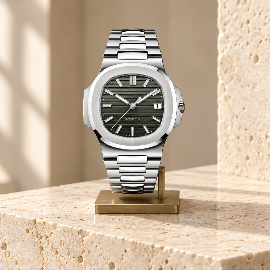 Nautiko Olive gray-green automatic watch on a brass display support over cream travertine