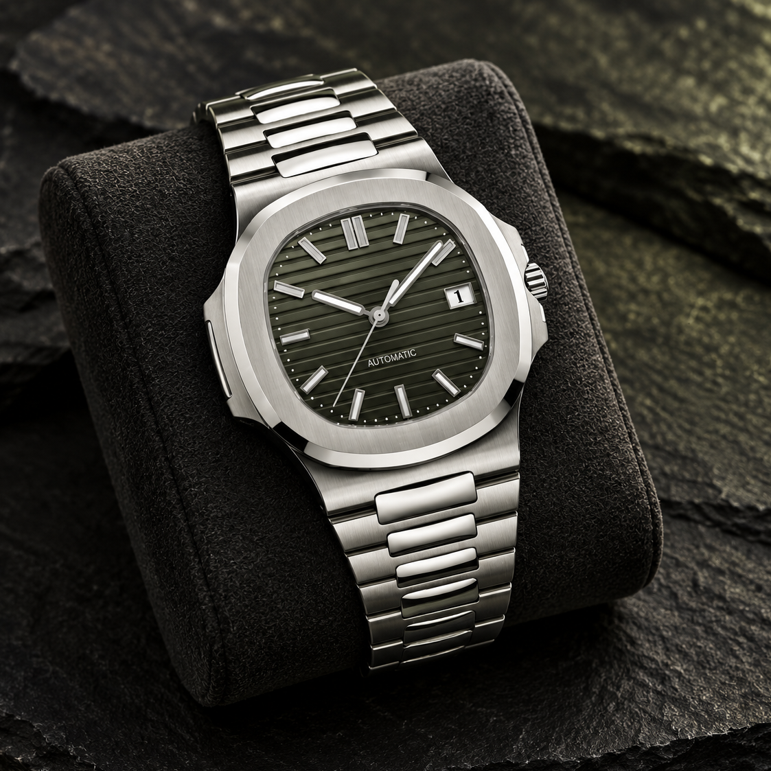 Nautiko Olive gray-green automatic watch on a charcoal display cushion over dark slate