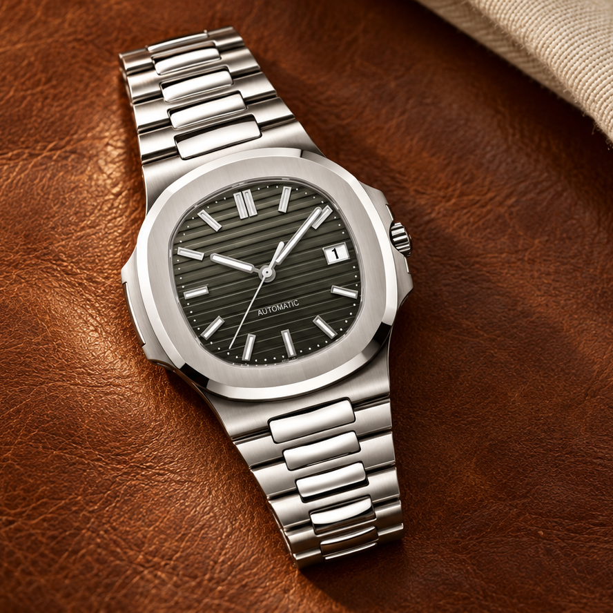 Nautiko Olive gray-green automatic watch laid down on saddle-brown leather and cream linen