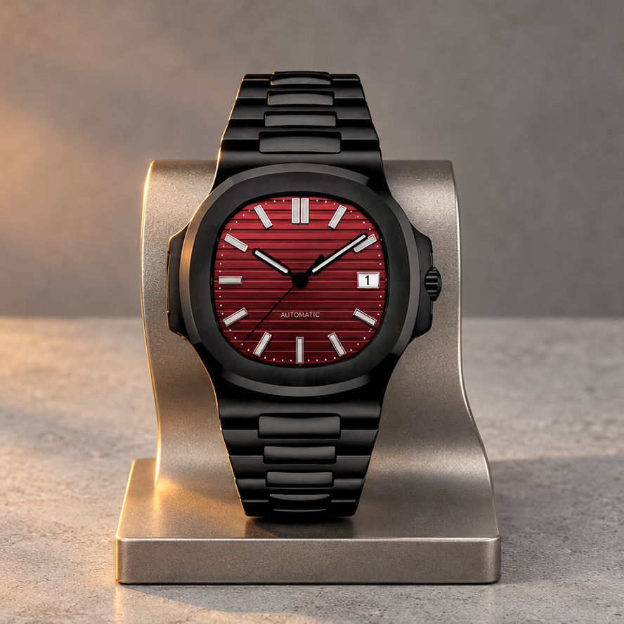 Nautiko Infernus black automatic watch on a satin titanium support over cool gray cement