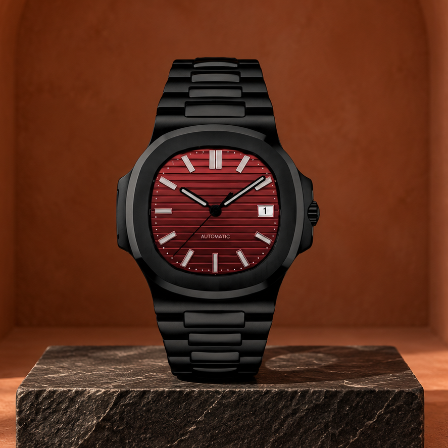 Nautiko Infernus black watch with red dial upright on dark stone against terracotta plaster