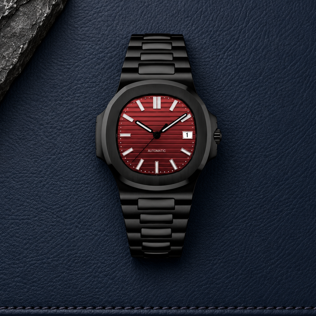 Nautiko Infernus black automatic watch laid flat on midnight-blue leather with graphite stone