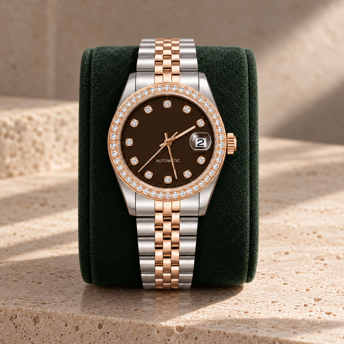 Lady Crownline Chocolate Rosé on a forest-green suede display cushion