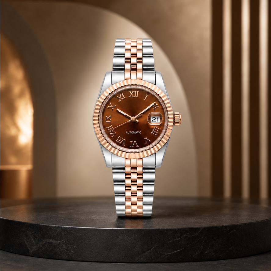 Lady Crownline bronze Roman watch with date 21 on a black stone plinth