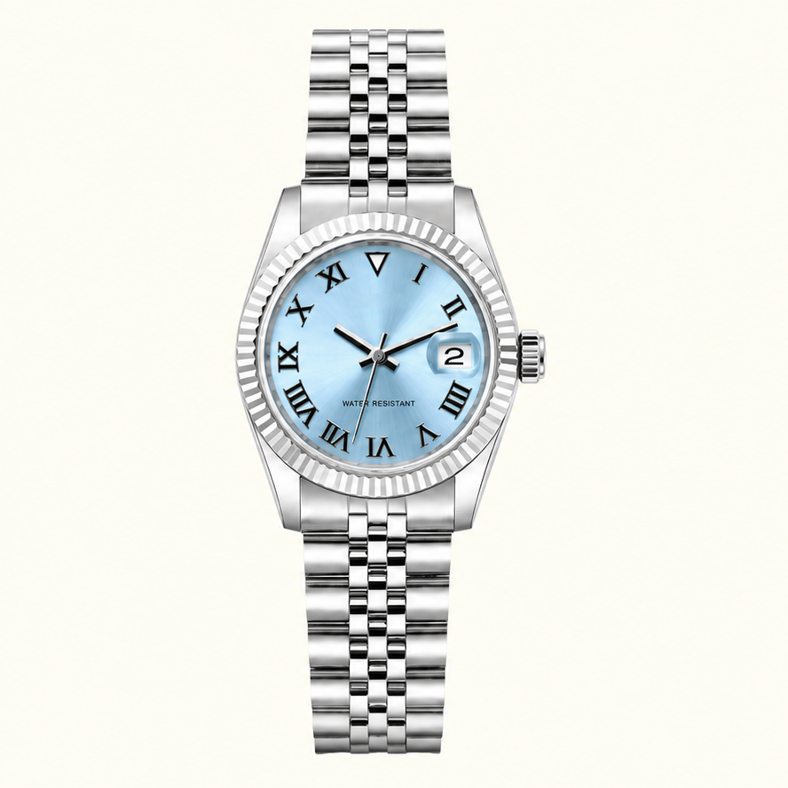 Lady Crownline ice-blue Roman numeral watch, date 2, silver fluted bezel and Jubilee bracelet