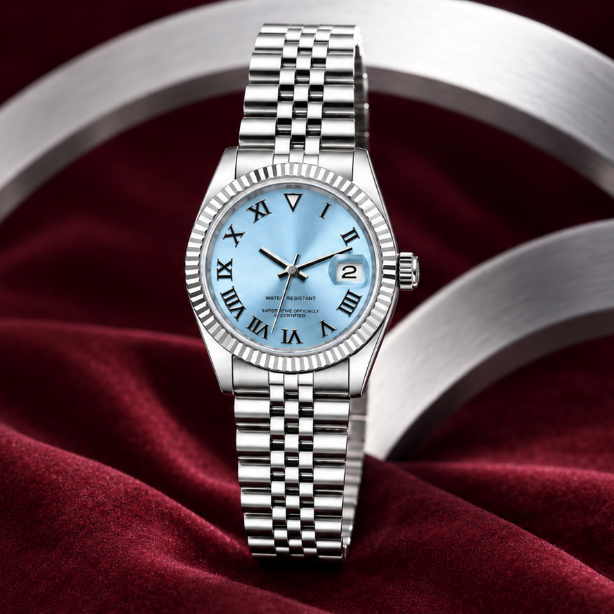 Lady Crownline ice-blue Roman watch with date 2 on burgundy velvet and silver display