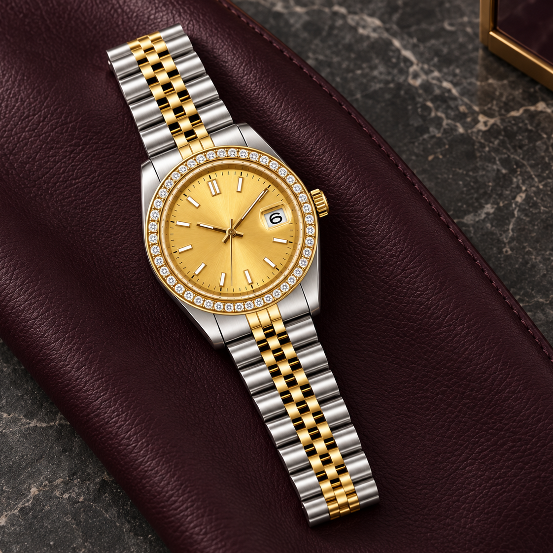 Lady Crownline Two-Tone Gold Crystal watch with gold dial laid on plum leather