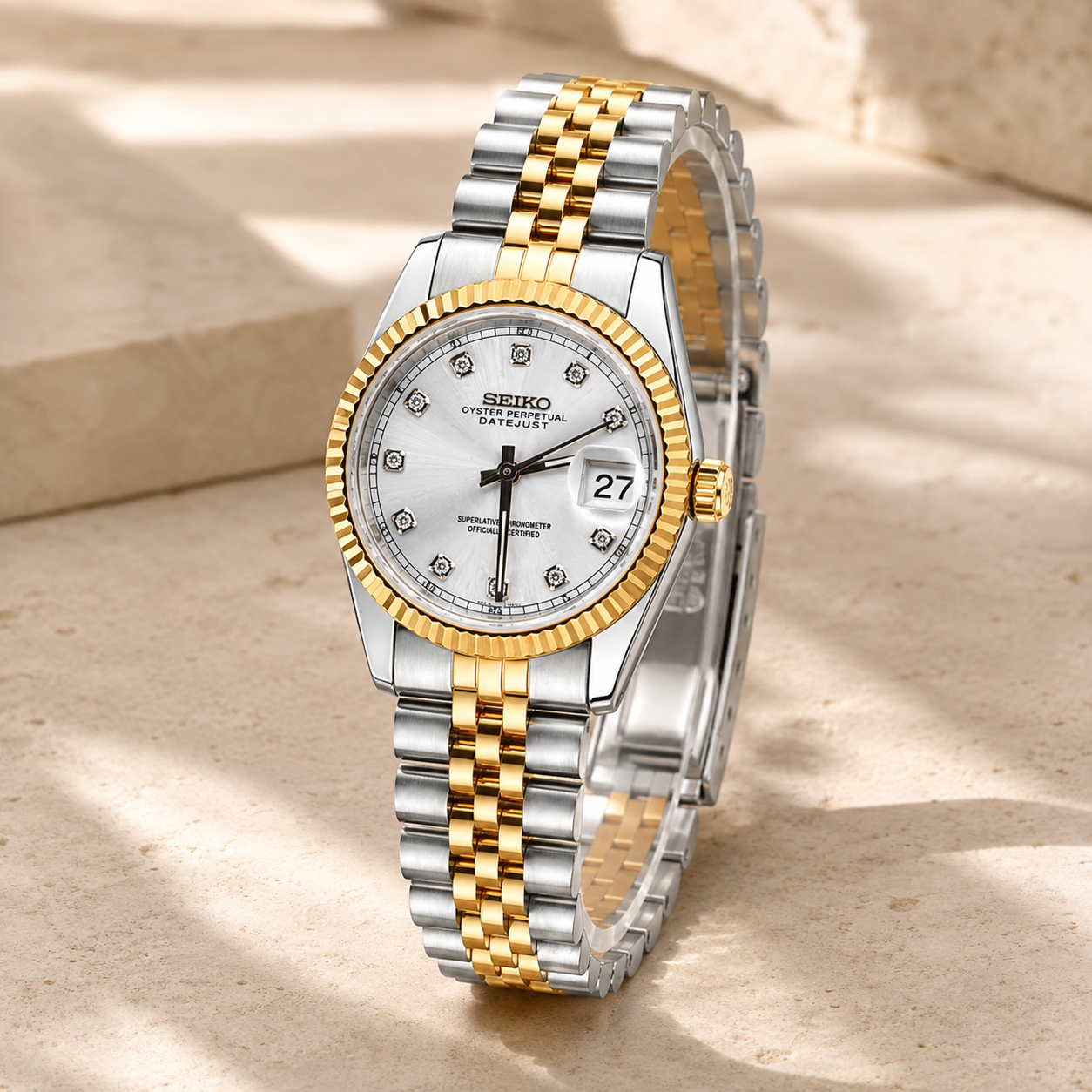 Seiko Ladyjust Two Tone Silver Diamond by CrownLab — additional view of the dial and bracelet