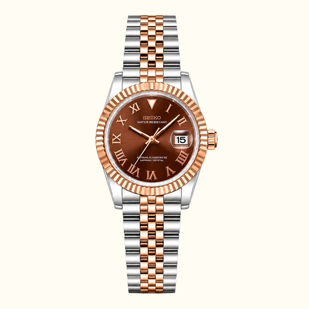 Seiko Ladyjust Two Tone Rose Gold Chocolate Roman — women's automatic luxury watch by CrownLab