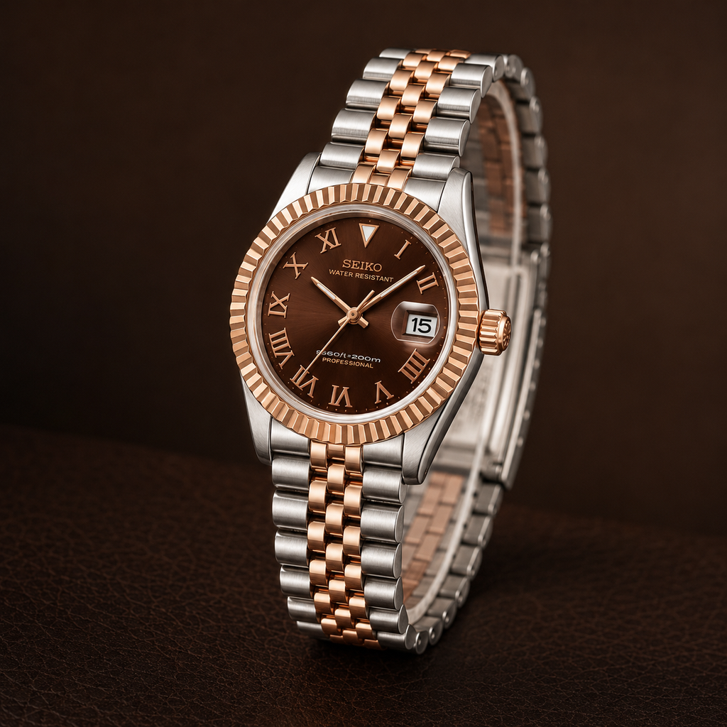 Seiko Ladyjust Two Tone Rose Gold Chocolate Roman by CrownLab — additional view of the dial and bracelet