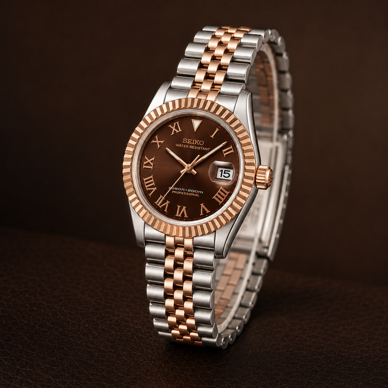 Seiko Ladyjust Two Tone Rose Gold Chocolate Roman by CrownLab — additional view of the dial and bracelet