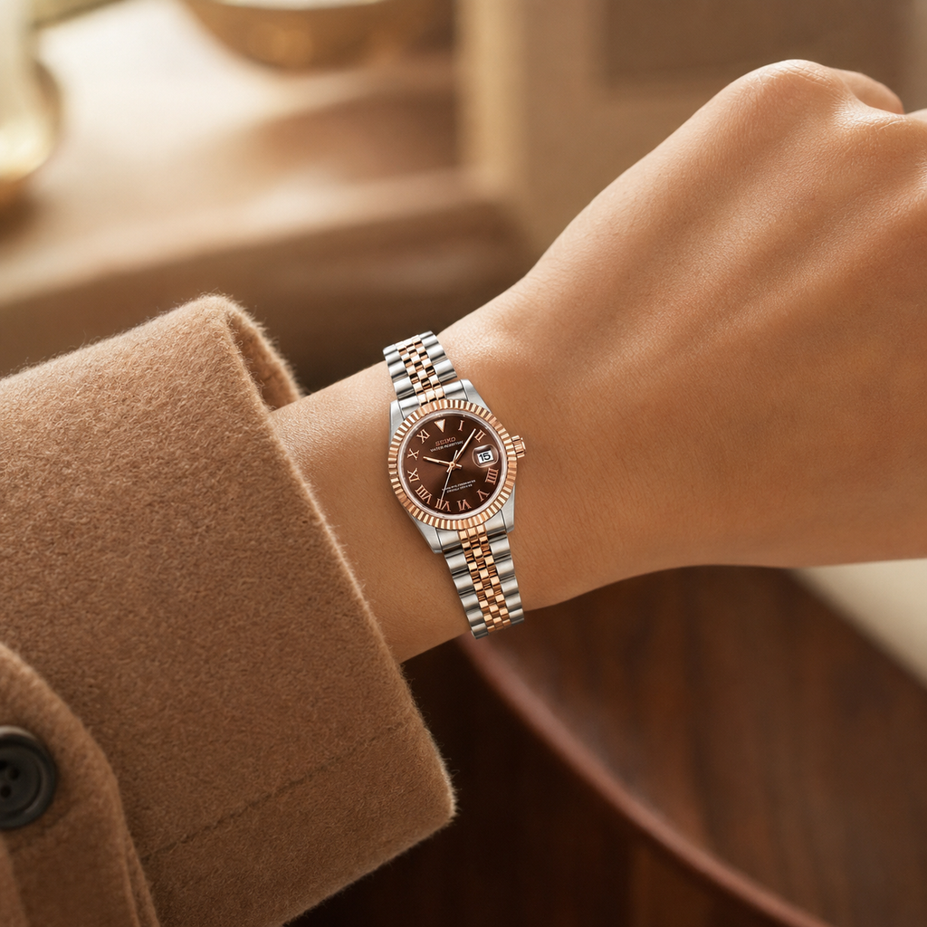 Seiko Ladyjust Two Tone Rose Gold Chocolate Roman by CrownLab — additional view of the case and finish