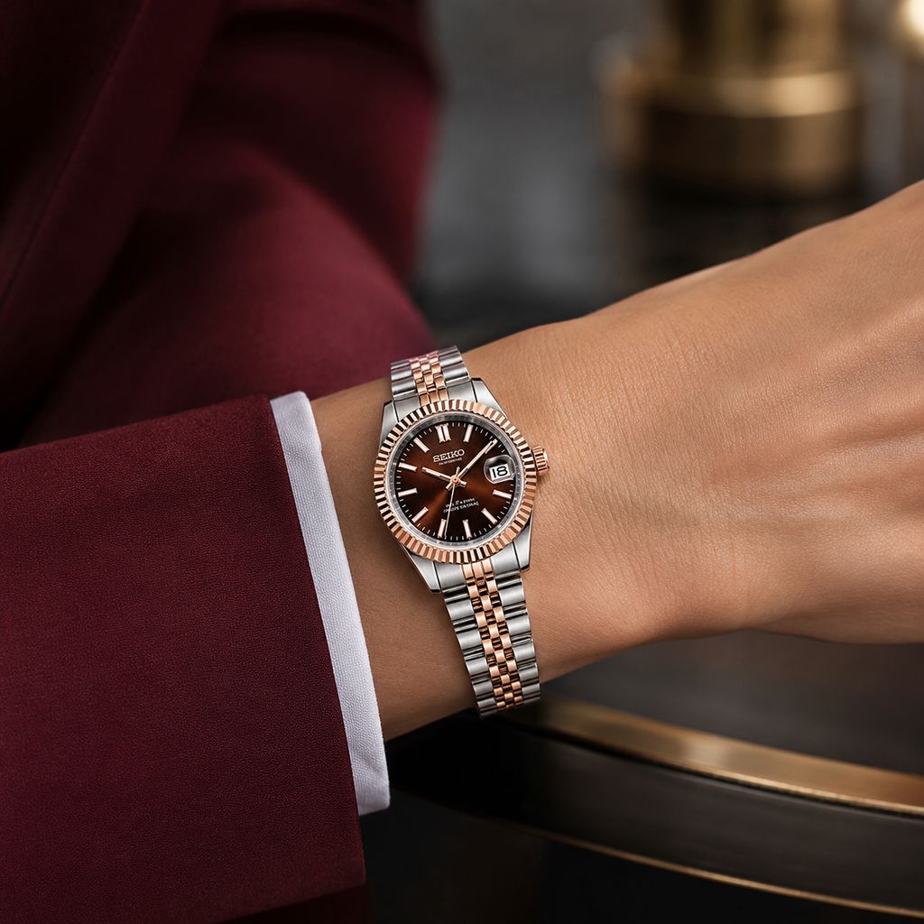 Seiko Ladyjust Two Tone Rose Gold Chocolate by CrownLab — additional view of the case and finish