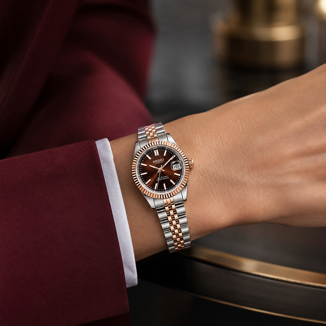 Seiko Ladyjust Two Tone Rose Gold Chocolate by CrownLab — additional view of the case and finish