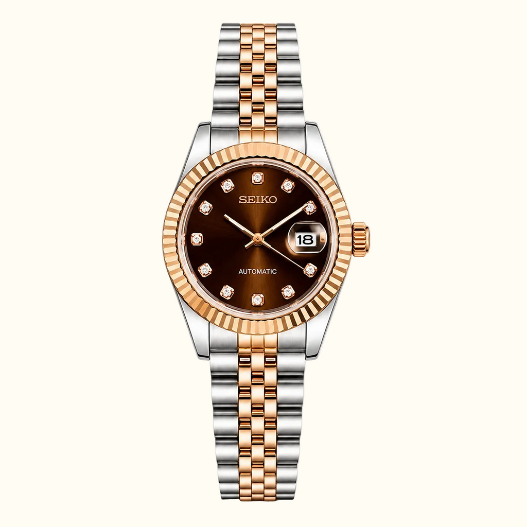 Seiko Ladyjust Two Tone Rose Gold Chocolate Diamond — women's automatic luxury watch by CrownLab