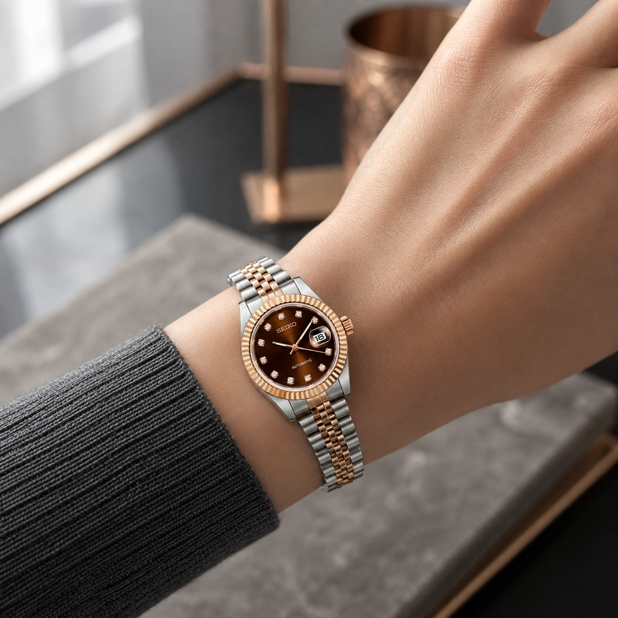 Seiko Ladyjust Two Tone Rose Gold Chocolate Diamond by CrownLab — additional view of the case and finish