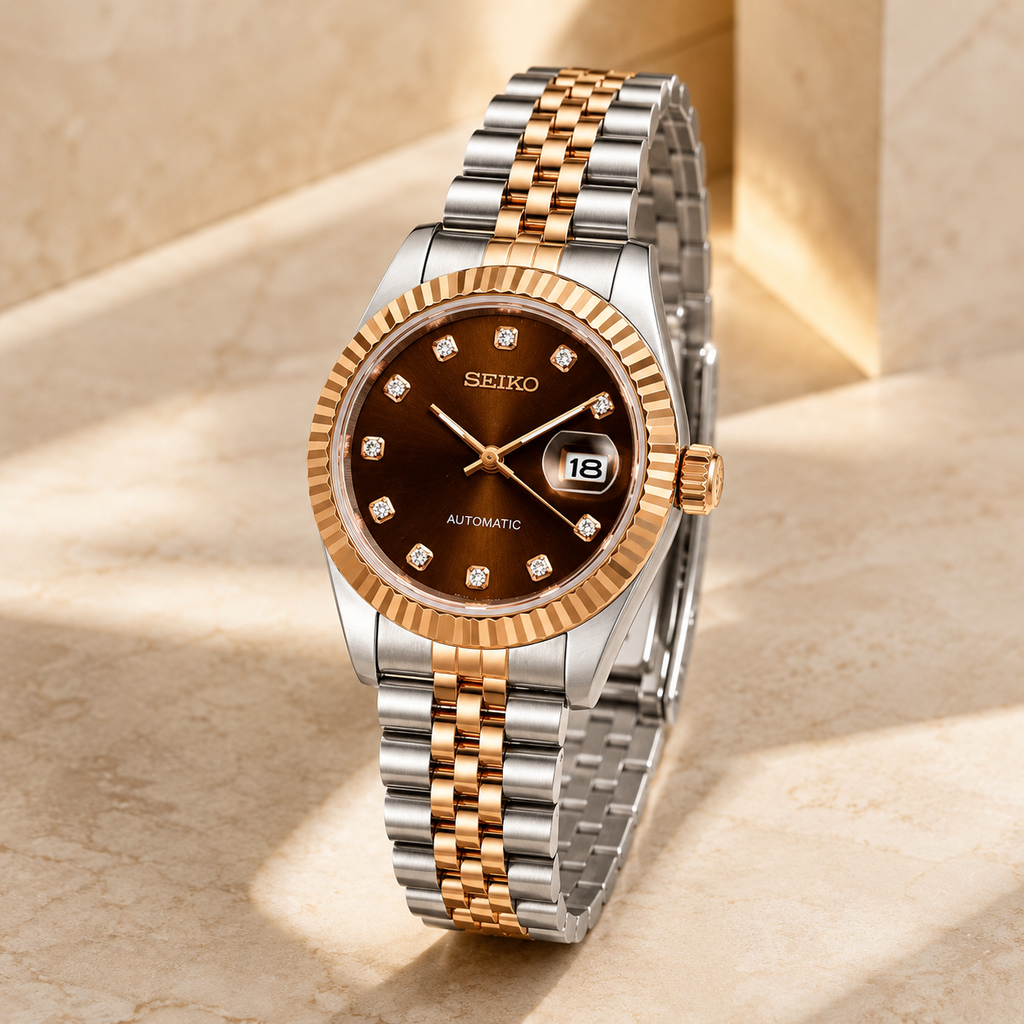 Seiko Ladyjust Two Tone Rose Gold Chocolate Diamond by CrownLab — additional view of the dial and bracelet