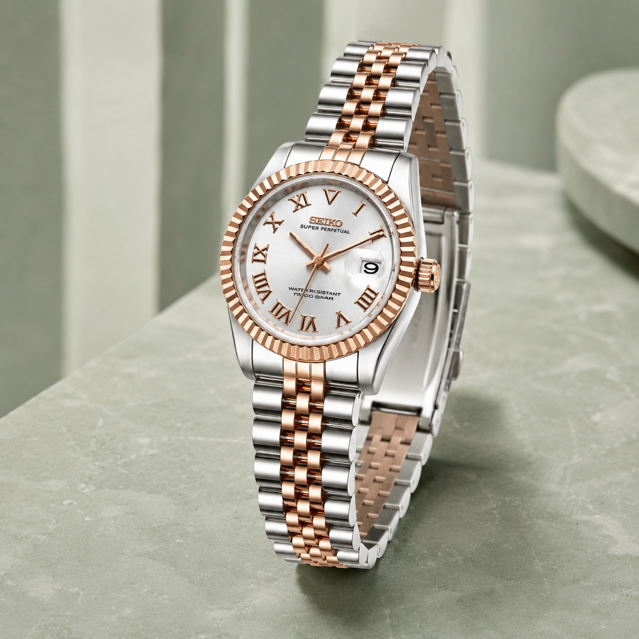 Seiko Ladyjust Two Tone Rose Gold Champagne Dial by CrownLab — additional view of the dial and bracelet