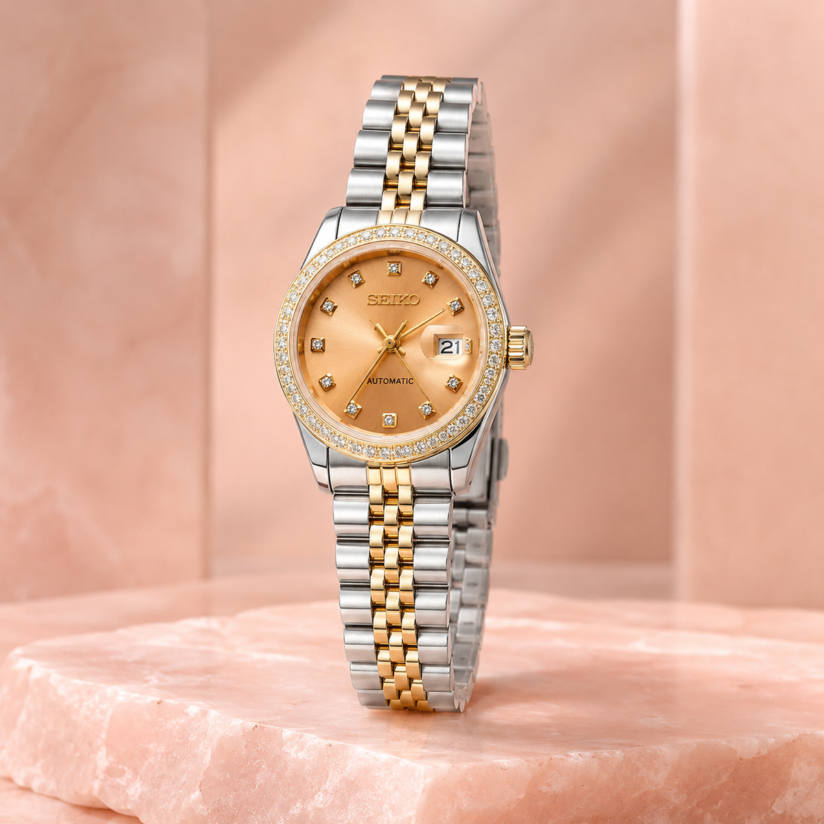 Seiko Ladyjust Two Tone Champagne Diamond by CrownLab — additional view of the dial and bracelet